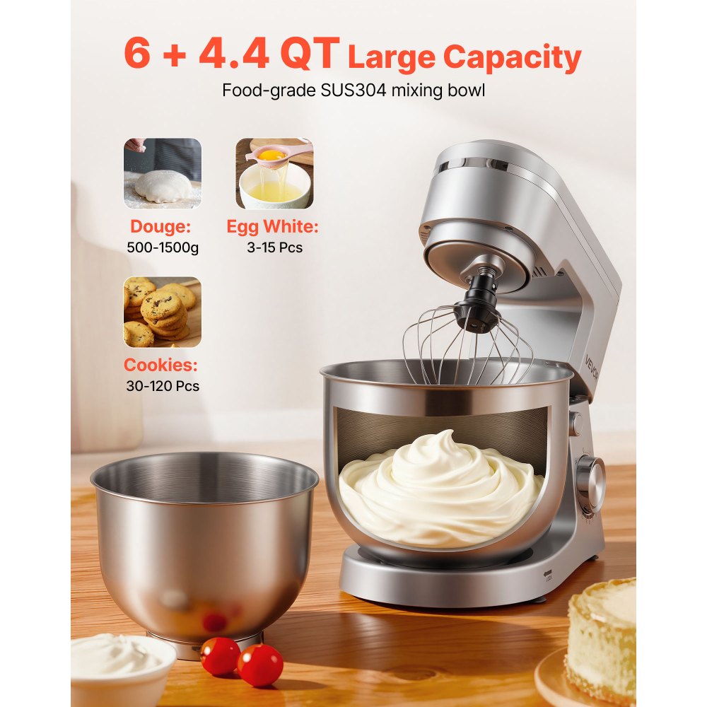 VEVOR Stand Mixer, 4.2 L+5.7 L Electric Kitchen Mixer, 1500W Dough-Mixer, 10 Speeds Tilt-head Food-Mixer with Stainless Steel Bowls, Dough Hook, Whisk, Beater, for Baking, Mixing, Whipping & Kneading