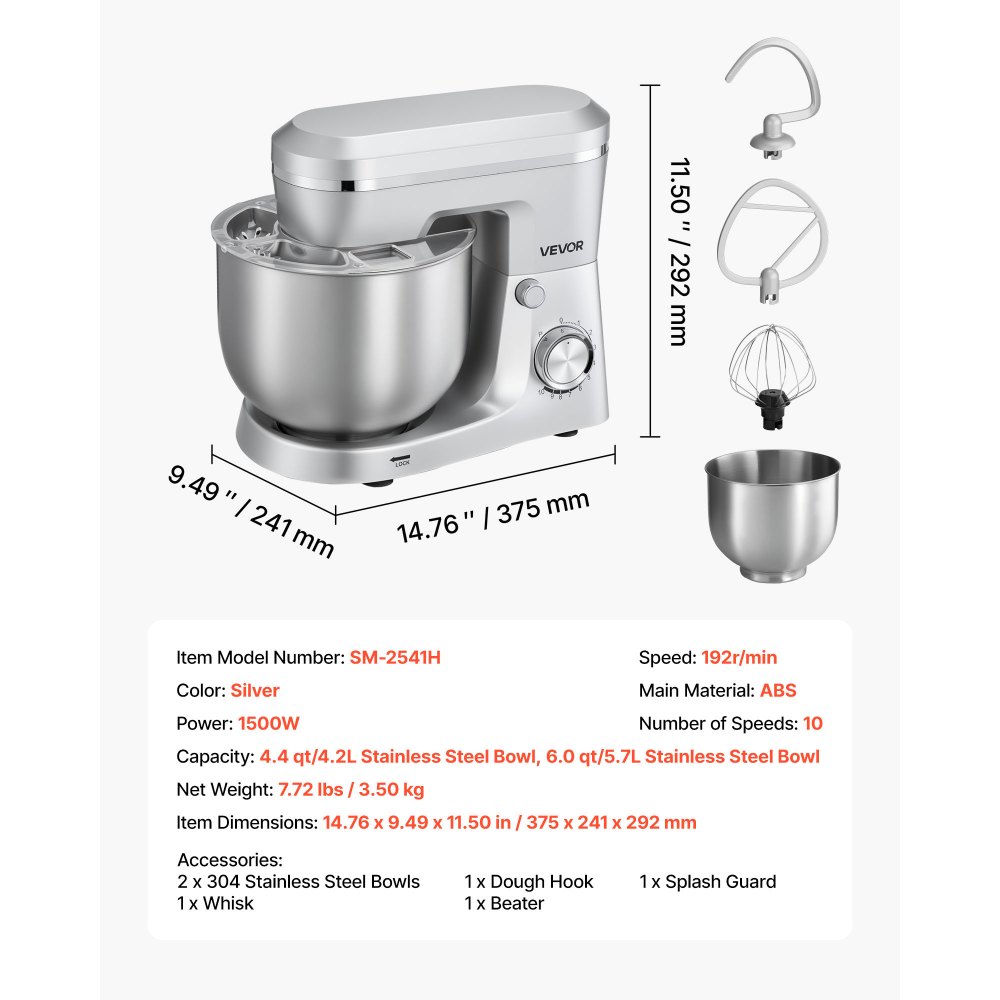 VEVOR Stand Mixer, 4.2 L+5.7 L Electric Kitchen Mixer, 1500W Dough-Mixer, 10 Speeds Tilt-head Food-Mixer with Stainless Steel Bowls, Dough Hook, Whisk, Beater, for Baking, Mixing, Whipping & Kneading