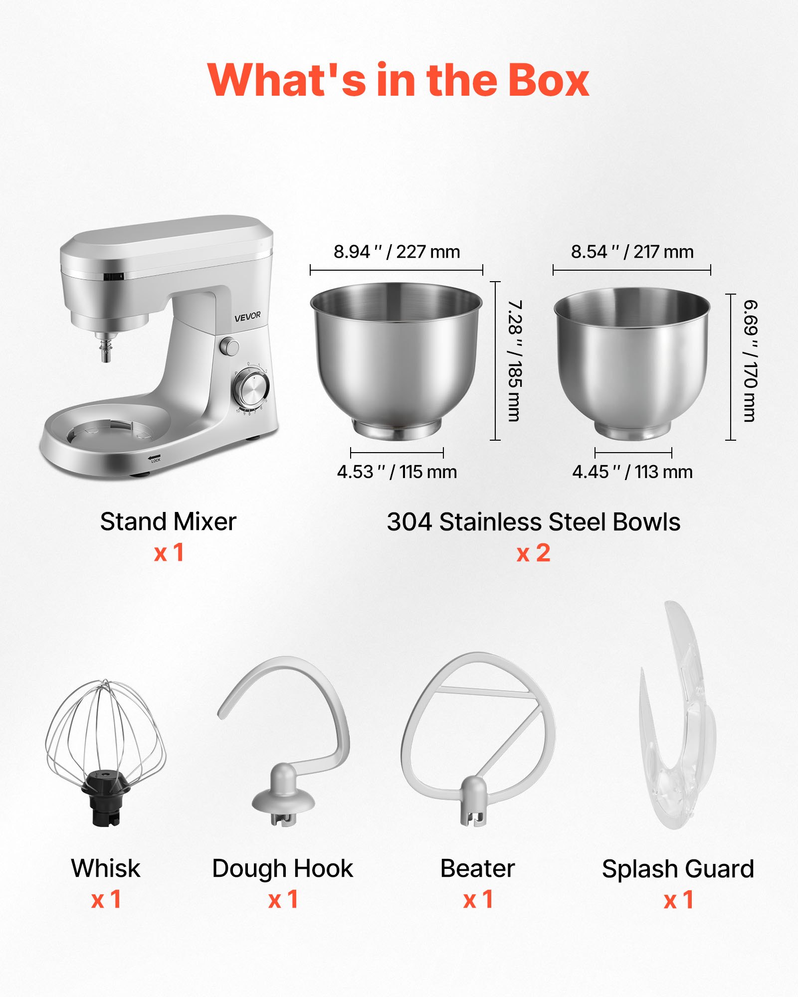 VEVOR Stand Mixer, 4.2 L+5.7 L Electric Kitchen Mixer, 1500W Dough-Mixer, 10 Speeds Tilt-head Food-Mixer with Stainless Steel Bowls, Dough Hook, Whisk, Beater, for Baking, Mixing, Whipping & Kneading