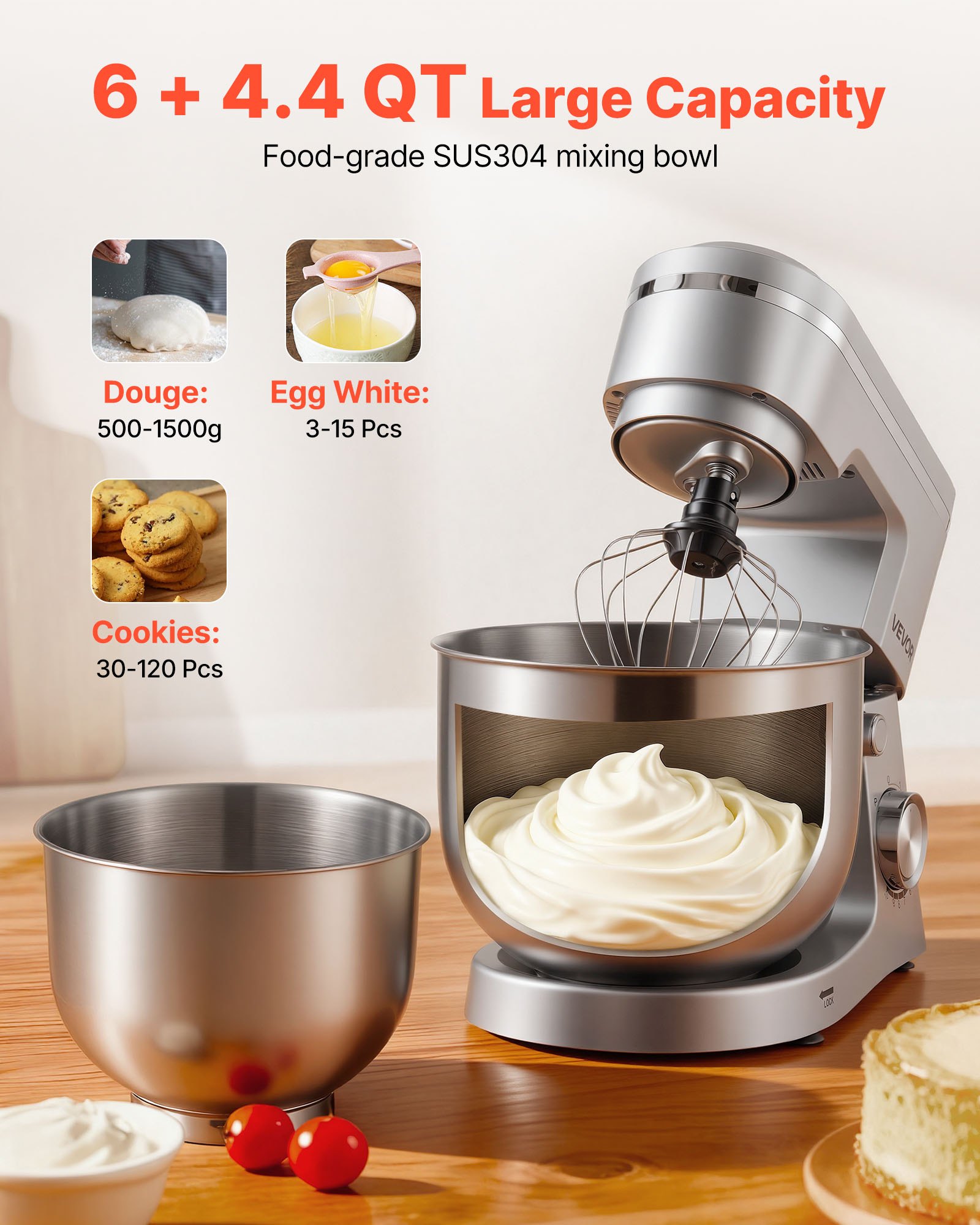 VEVOR Stand Mixer, 4.2 L+5.7 L Electric Kitchen Mixer, 1500W Dough-Mixer, 10 Speeds Tilt-head Food-Mixer with Stainless Steel Bowls, Dough Hook, Whisk, Beater, for Baking, Mixing, Whipping & Kneading