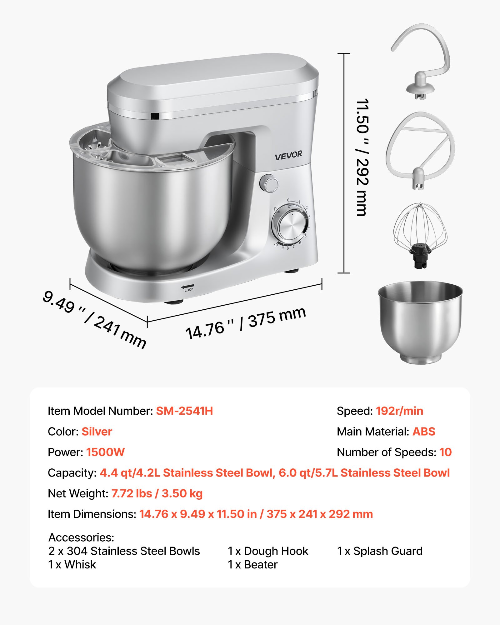 VEVOR Stand Mixer, 4.2 L+5.7 L Electric Kitchen Mixer, 1500W Dough-Mixer, 10 Speeds Tilt-head Food-Mixer with Stainless Steel Bowls, Dough Hook, Whisk, Beater, for Baking, Mixing, Whipping & Kneading