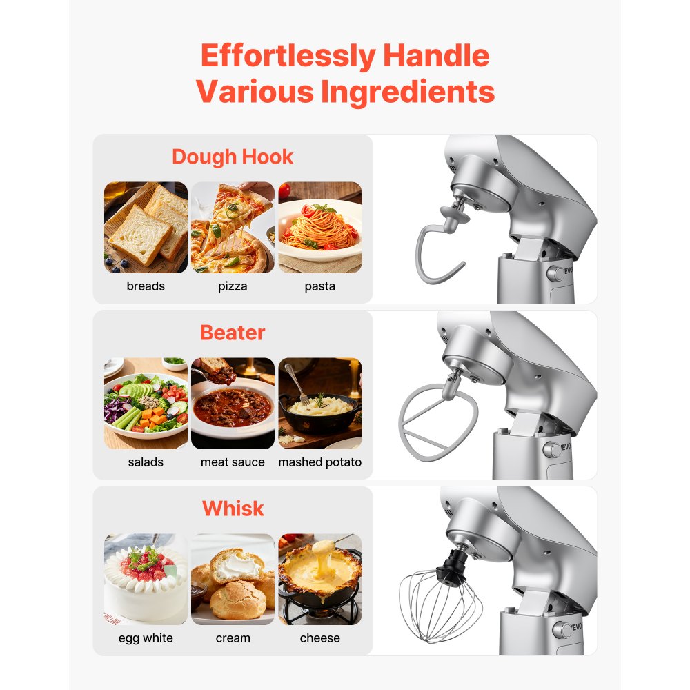 VEVOR Stand Mixer, 4.2 L Electric Kitchen Mixer, 1500W Dough-Mixer, 10 + Pulse Speeds Tilt-head Food-Mixer with Stainless Steel Bowl, Dough Hook, Whisk, Beater, for Baking, Mixing, Whipping & Kneading