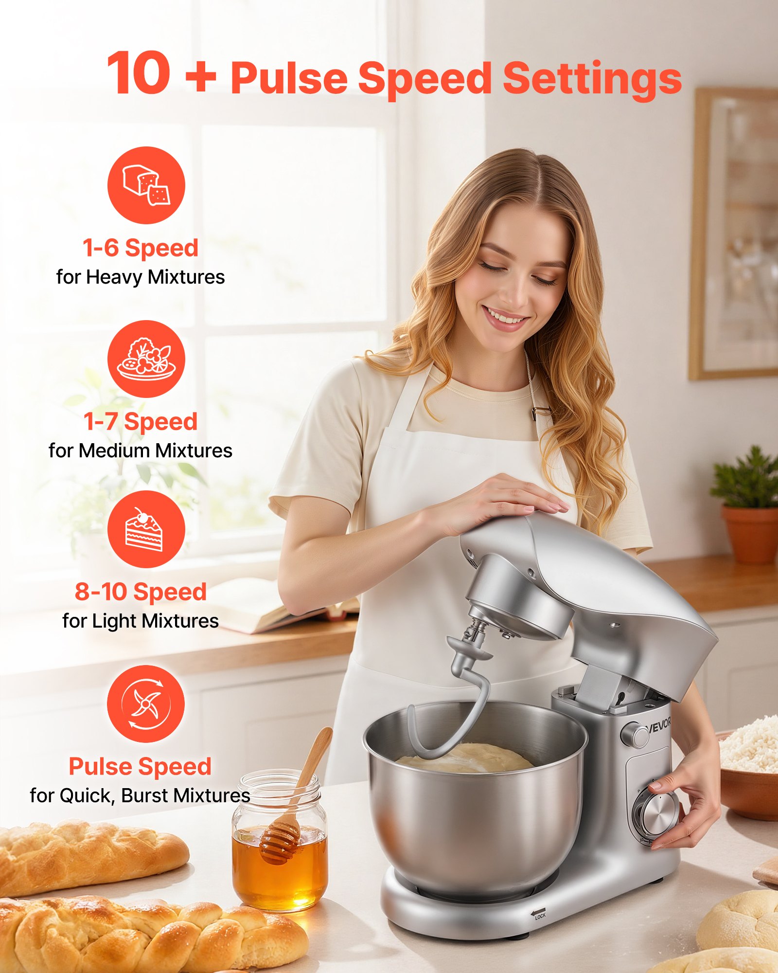 VEVOR Stand Mixer, 4.2 L Electric Kitchen Mixer, 1500W Dough-Mixer, 10 + Pulse Speeds Tilt-head Food-Mixer with Stainless Steel Bowl, Dough Hook, Whisk, Beater, for Baking, Mixing, Whipping & Kneading