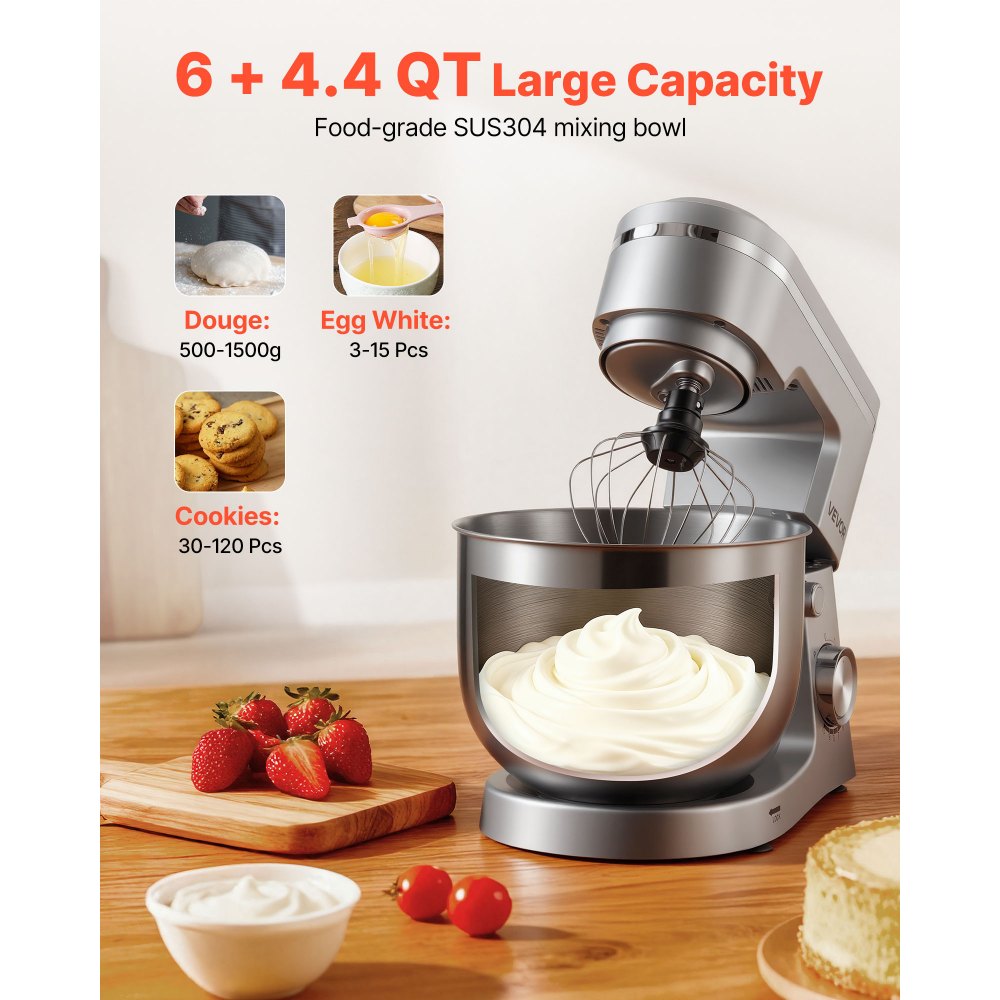 VEVOR Stand Mixer, 5.7 L Electric Kitchen Mixer, 1500W Dough-Mixer, 10 Speeds Tilt-head Food-Mixer with Stainless Steel Bowl, Dough Hook, Whisk, Beater, for Baking, Mixing, Whipping & Kneading, Silver