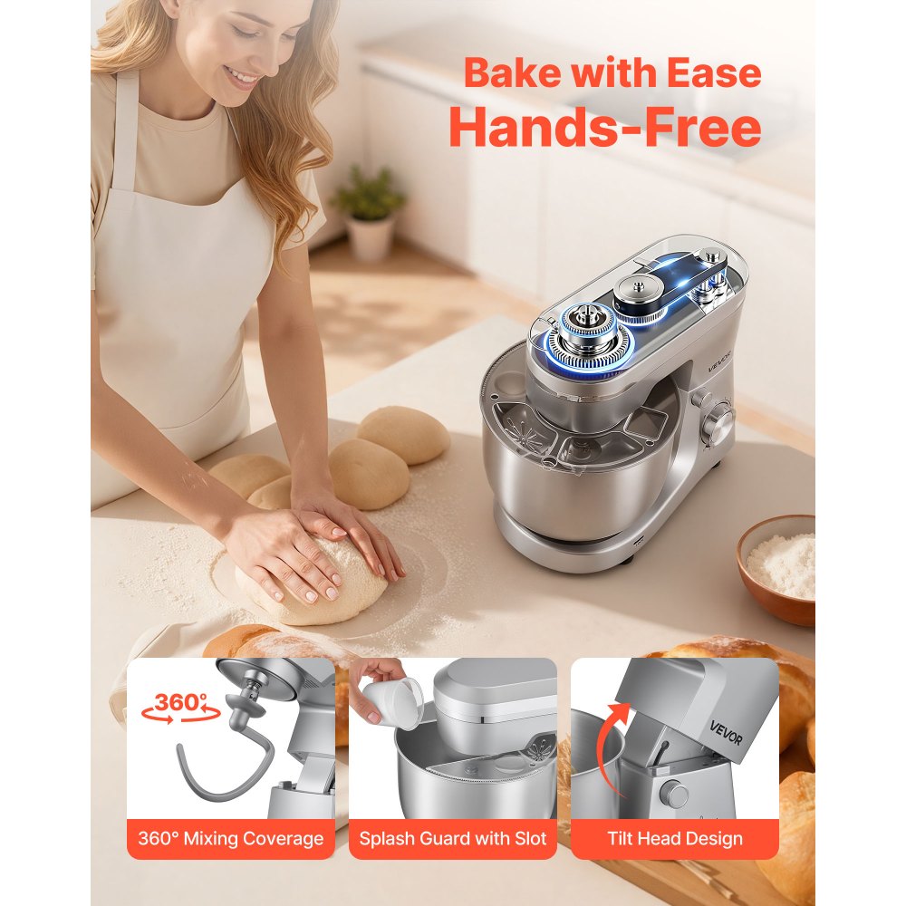 VEVOR Stand Mixer, 5.7 L Electric Kitchen Mixer, 1500W Dough-Mixer, 10 Speeds Tilt-head Food-Mixer with Stainless Steel Bowl, Dough Hook, Whisk, Beater, for Baking, Mixing, Whipping & Kneading, Silver