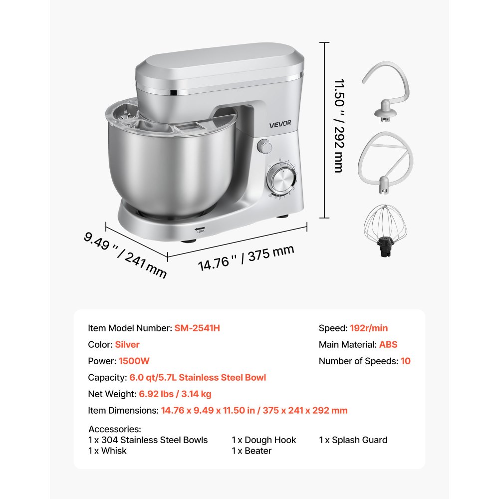 VEVOR Stand Mixer, 5.7 L Electric Kitchen Mixer, 1500W Dough-Mixer, 10 Speeds Tilt-head Food-Mixer with Stainless Steel Bowl, Dough Hook, Whisk, Beater, for Baking, Mixing, Whipping & Kneading, Silver