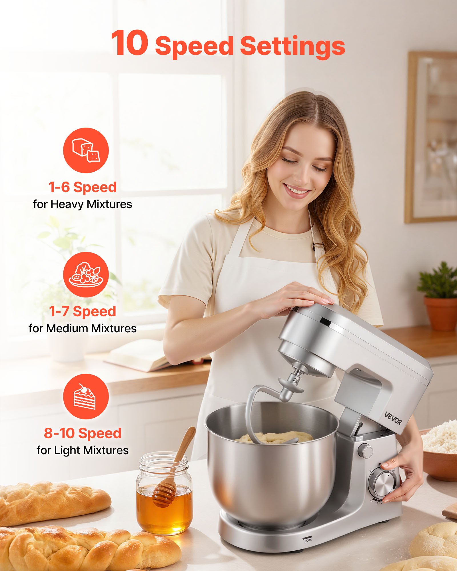 VEVOR Stand Mixer, 5.7 L Electric Kitchen Mixer, 1500W Dough-Mixer, 10 Speeds Tilt-head Food-Mixer with Stainless Steel Bowl, Dough Hook, Whisk, Beater, for Baking, Mixing, Whipping & Kneading, Silver