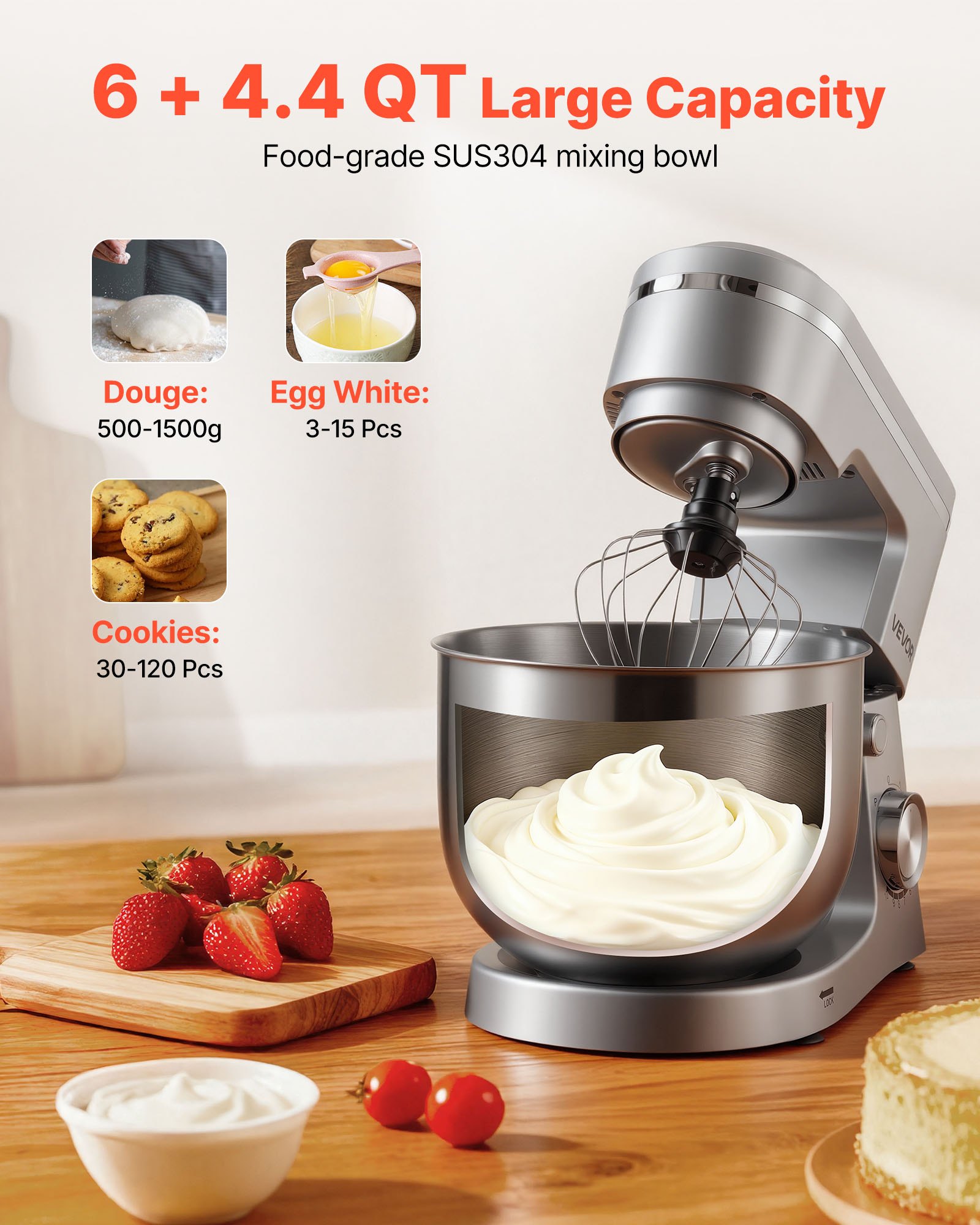 VEVOR Stand Mixer, 5.7 L Electric Kitchen Mixer, 1500W Dough-Mixer, 10 Speeds Tilt-head Food-Mixer with Stainless Steel Bowl, Dough Hook, Whisk, Beater, for Baking, Mixing, Whipping & Kneading, Silver