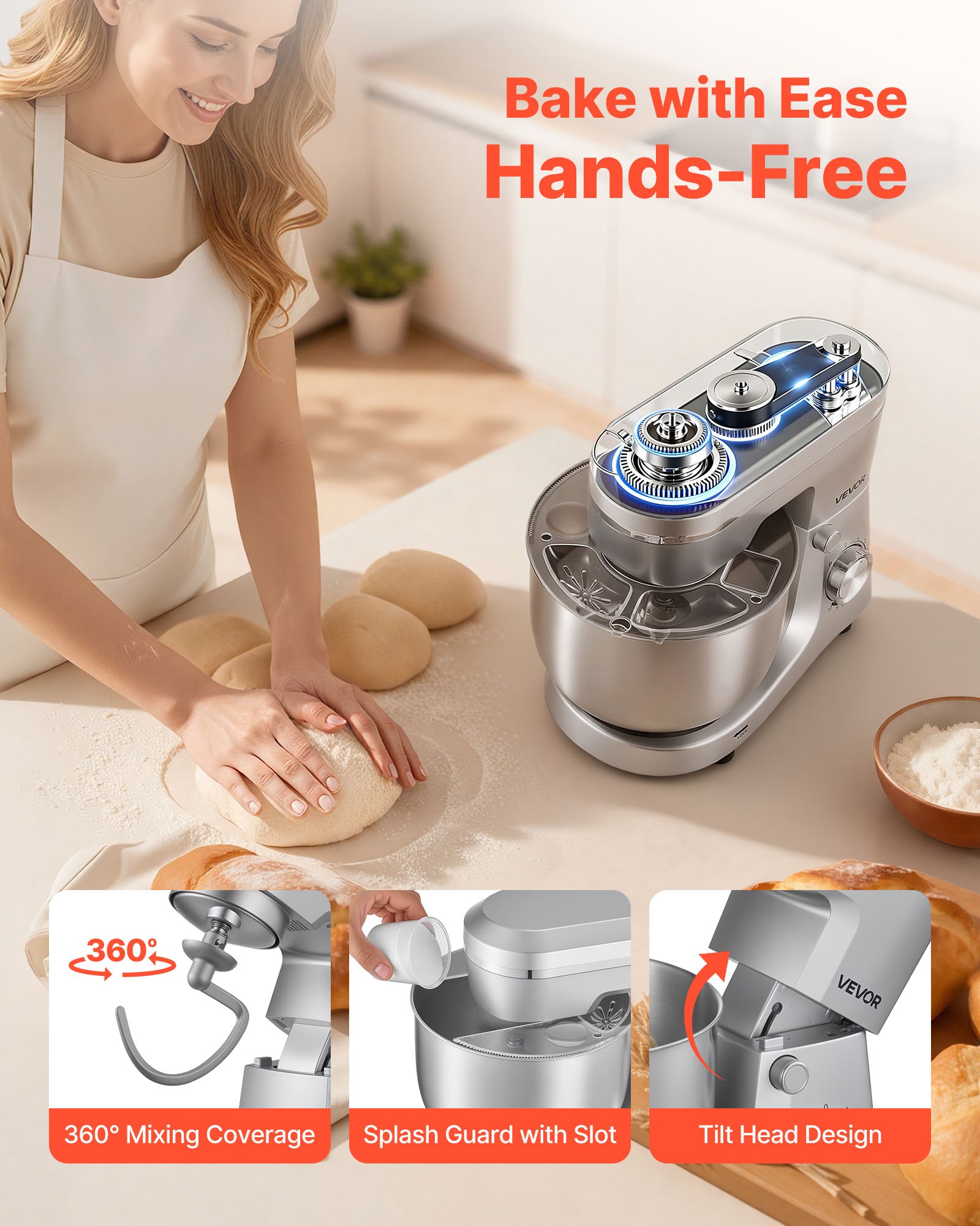VEVOR Stand Mixer, 5.7 L Electric Kitchen Mixer, 1500W Dough-Mixer, 10 Speeds Tilt-head Food-Mixer with Stainless Steel Bowl, Dough Hook, Whisk, Beater, for Baking, Mixing, Whipping & Kneading, Silver
