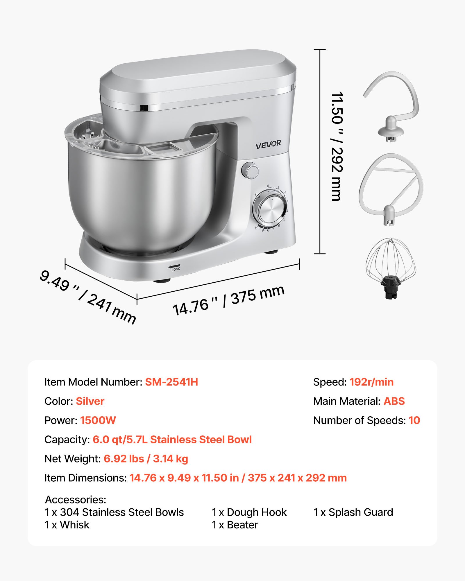 VEVOR Stand Mixer, 5.7 L Electric Kitchen Mixer, 1500W Dough-Mixer, 10 Speeds Tilt-head Food-Mixer with Stainless Steel Bowl, Dough Hook, Whisk, Beater, for Baking, Mixing, Whipping & Kneading, Silver