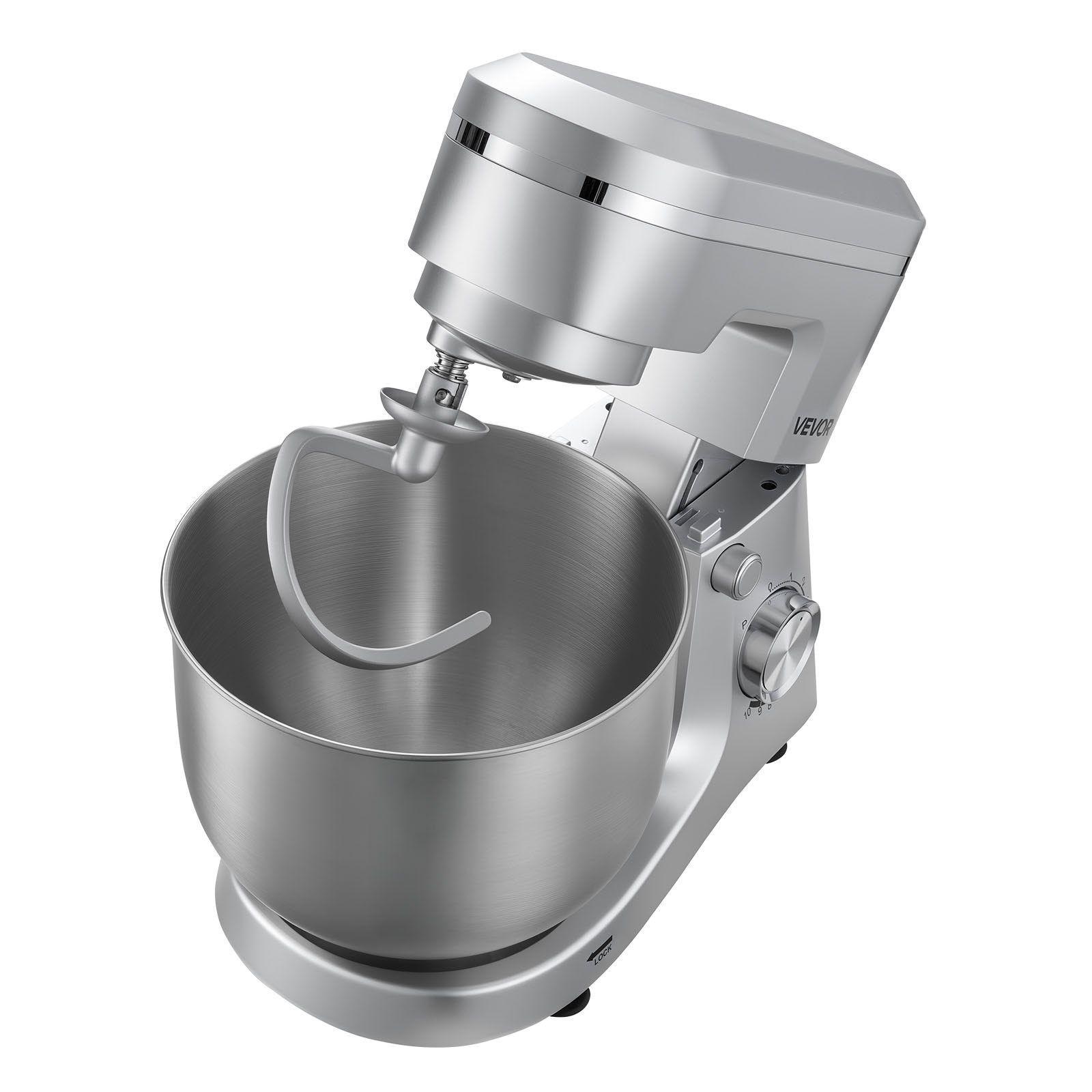 VEVOR Stand Mixer, 5.7 L Electric Kitchen Mixer, 1500W Dough-Mixer, 10 Speeds Tilt-head Food-Mixer with Stainless Steel Bowl, Dough Hook, Whisk, Beater, for Baking, Mixing, Whipping & Kneading, Silver