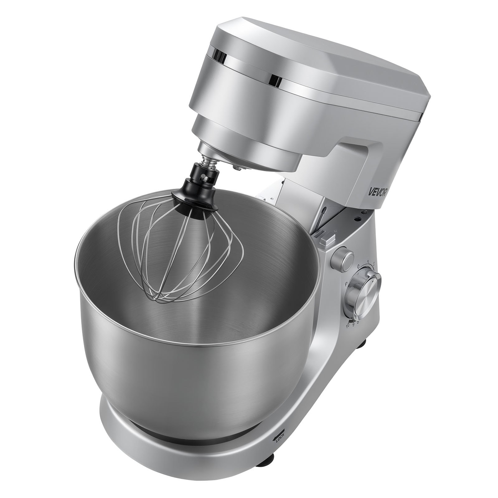 VEVOR Stand Mixer, 5.7 L Electric Kitchen Mixer, 1500W Dough-Mixer, 10 Speeds Tilt-head Food-Mixer with Stainless Steel Bowl, Dough Hook, Whisk, Beater, for Baking, Mixing, Whipping & Kneading, Silver