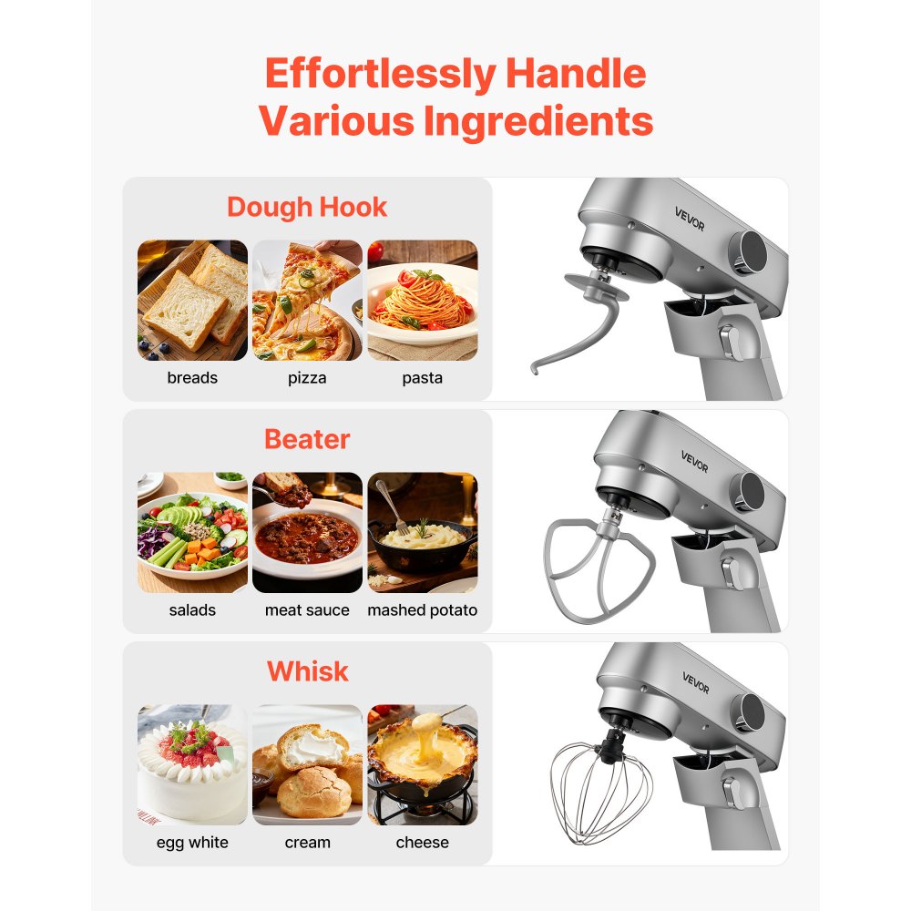 VEVOR Stand Mixer, 7.4 L Electric Kitchen Mixer, 1800W Dough-Mixer, 10 Speeds Tilt-head Food-Mixer with Stainless Steel Bowl, Dough Hook, Whisk, Beater, for Baking, Mixing, Whipping & Kneading, Silver