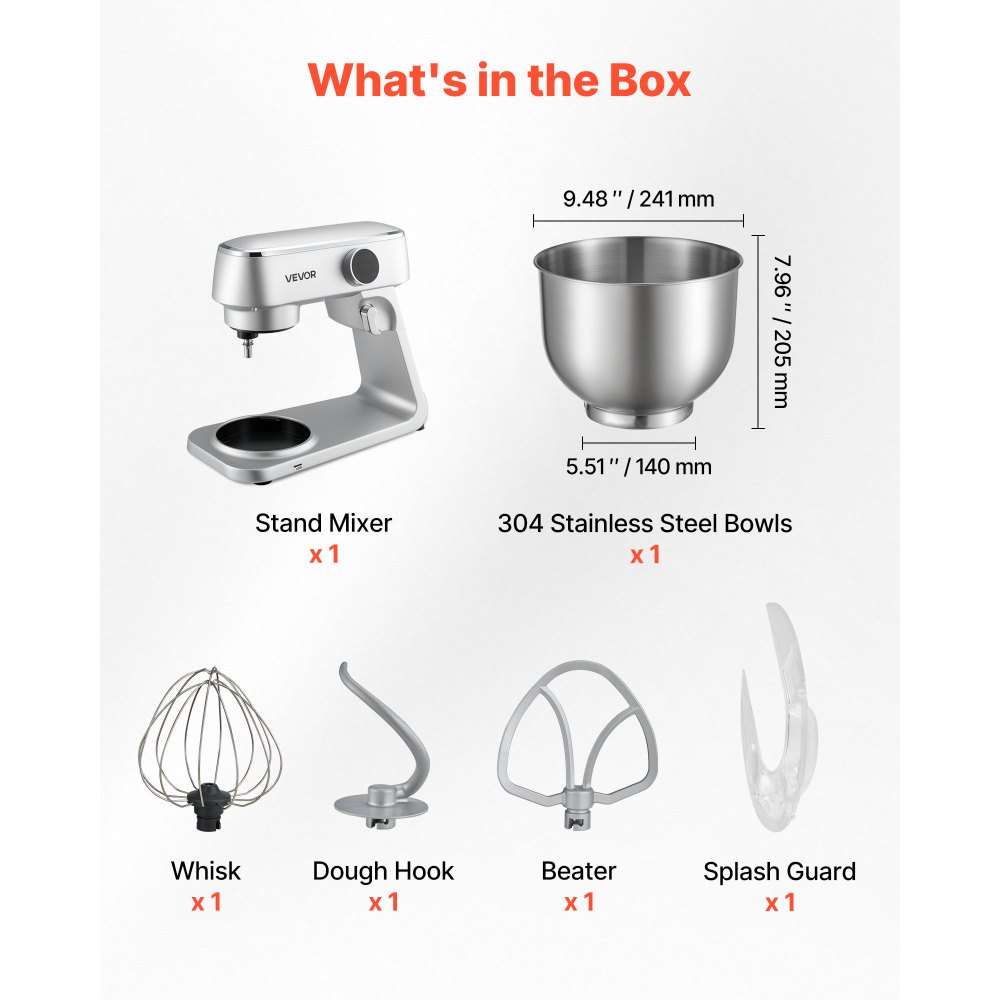 VEVOR Stand Mixer, 7.4 L Electric Kitchen Mixer, 1800W Dough-Mixer, 10 Speeds Tilt-head Food-Mixer with Stainless Steel Bowl, Dough Hook, Whisk, Beater, for Baking, Mixing, Whipping & Kneading, Silver
