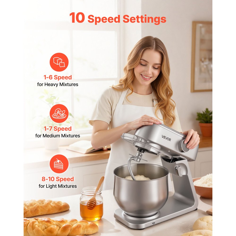 VEVOR Stand Mixer, 7.4 L Electric Kitchen Mixer, 1800W Dough-Mixer, 10 Speeds Tilt-head Food-Mixer with Stainless Steel Bowl, Dough Hook, Whisk, Beater, for Baking, Mixing, Whipping & Kneading, Silver