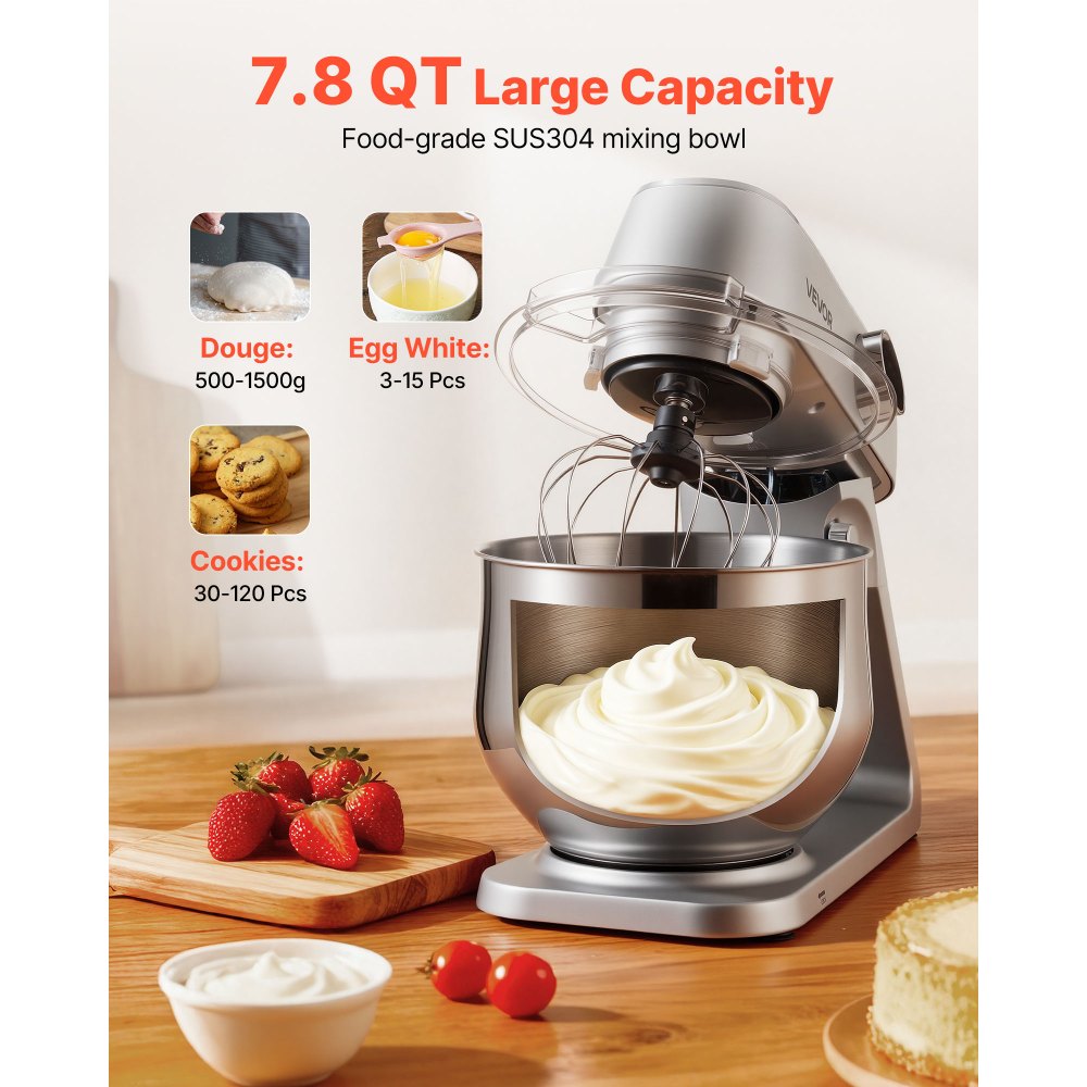VEVOR Stand Mixer, 7.4 L Electric Kitchen Mixer, 1800W Dough-Mixer, 10 Speeds Tilt-head Food-Mixer with Stainless Steel Bowl, Dough Hook, Whisk, Beater, for Baking, Mixing, Whipping & Kneading, Silver
