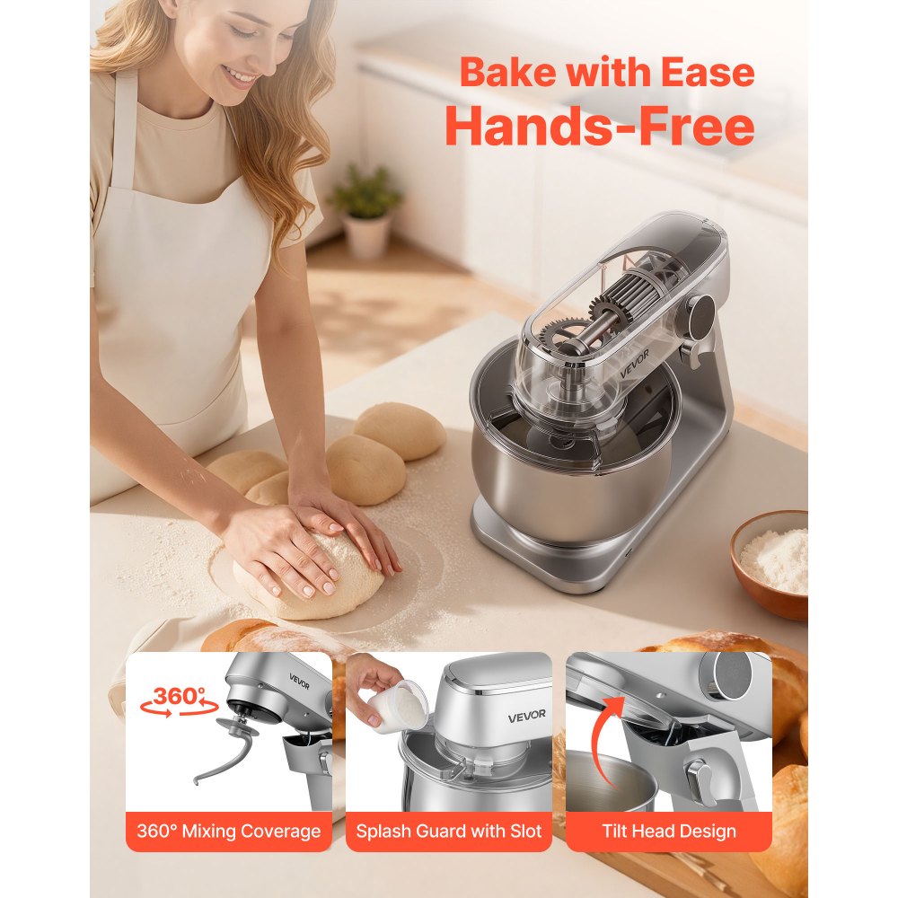 VEVOR Stand Mixer, 7.4 L Electric Kitchen Mixer, 1800W Dough-Mixer, 10 Speeds Tilt-head Food-Mixer with Stainless Steel Bowl, Dough Hook, Whisk, Beater, for Baking, Mixing, Whipping & Kneading, Silver