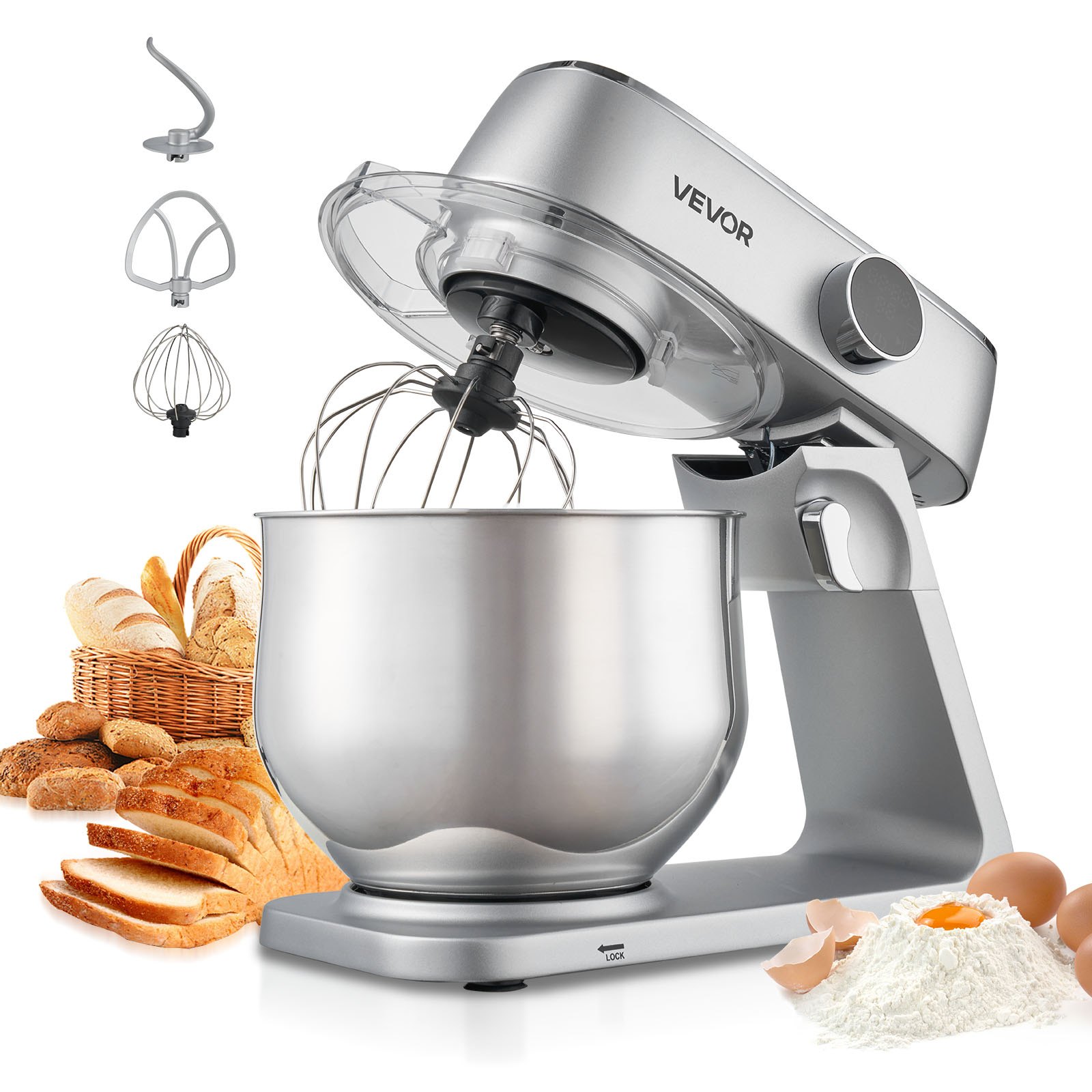 VEVOR Stand Mixer, 7.4 L Electric Kitchen Mixer, 1800W Dough-Mixer, 10 Speeds Tilt-head Food-Mixer with Stainless Steel Bowl, Dough Hook, Whisk, Beater, for Baking, Mixing, Whipping & Kneading, Silver