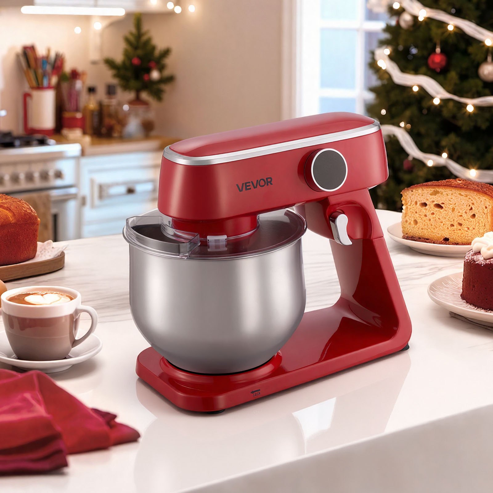 VEVOR Stand Mixer, 7.4 L Electric Kitchen Mixer, 1800W Dough-Mixer, 10 Speeds Tilt-head Food-Mixer with Stainless Steel Bowl, Dough Hook, Whisk, Beater, for Baking, Mixing, Whipping & Kneading, Silver