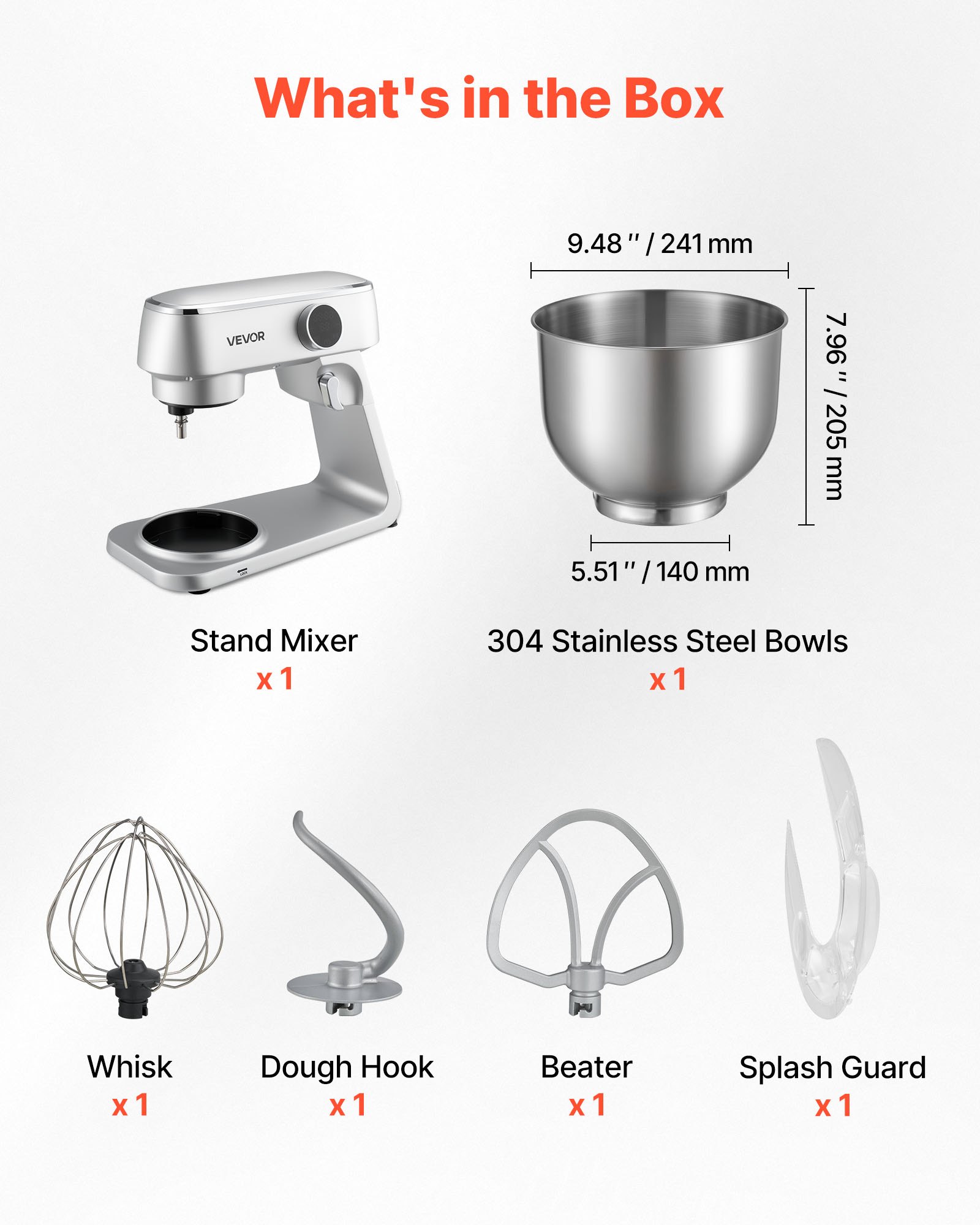 VEVOR Stand Mixer, 7.4 L Electric Kitchen Mixer, 1800W Dough-Mixer, 10 Speeds Tilt-head Food-Mixer with Stainless Steel Bowl, Dough Hook, Whisk, Beater, for Baking, Mixing, Whipping & Kneading, Silver
