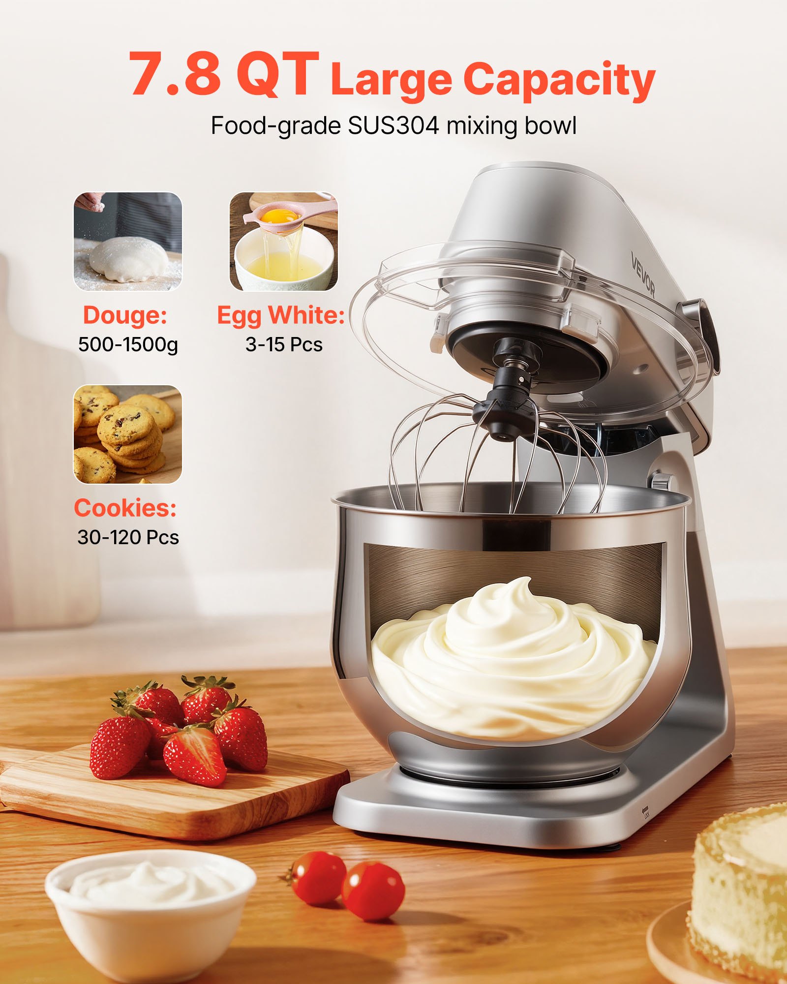 VEVOR Stand Mixer, 7.4 L Electric Kitchen Mixer, 1800W Dough-Mixer, 10 Speeds Tilt-head Food-Mixer with Stainless Steel Bowl, Dough Hook, Whisk, Beater, for Baking, Mixing, Whipping & Kneading, Silver