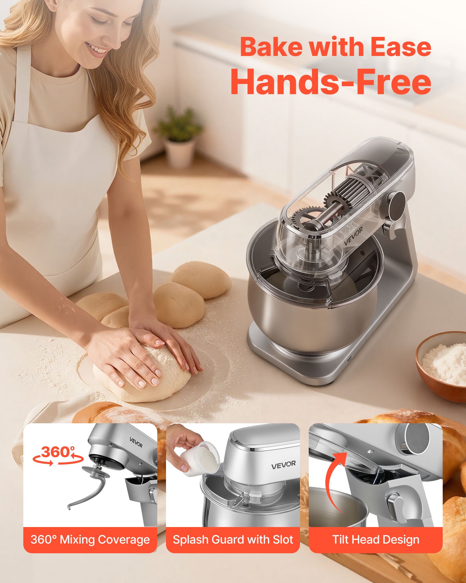 VEVOR Stand Mixer, 7.4 L Electric Kitchen Mixer, 1800W Dough-Mixer, 10 Speeds Tilt-head Food-Mixer with Stainless Steel Bowl, Dough Hook, Whisk, Beater, for Baking, Mixing, Whipping & Kneading, Silver