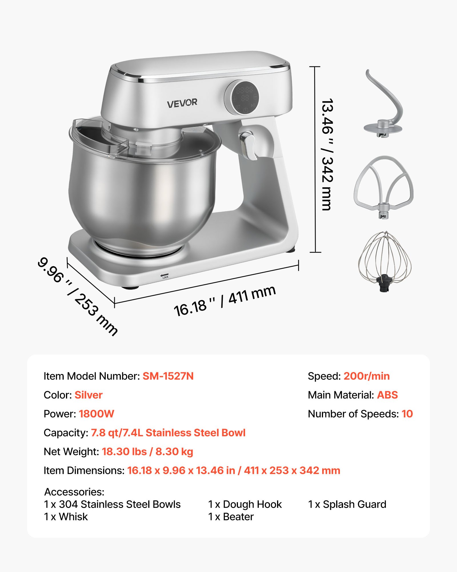 VEVOR Stand Mixer, 7.4 L Electric Kitchen Mixer, 1800W Dough-Mixer, 10 Speeds Tilt-head Food-Mixer with Stainless Steel Bowl, Dough Hook, Whisk, Beater, for Baking, Mixing, Whipping & Kneading, Silver