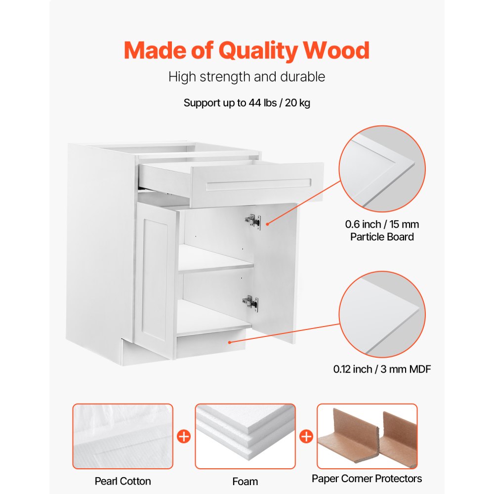 VEVOR White Shaker Base Cabinet with Drawer, 24-Inch Unassembled Drawer Base Cabinet, 24" W x 24" D x 34.5" H Ready to Assemble Cabinet with Soft-Close Doors and Adjustable Shelf, for Home Office