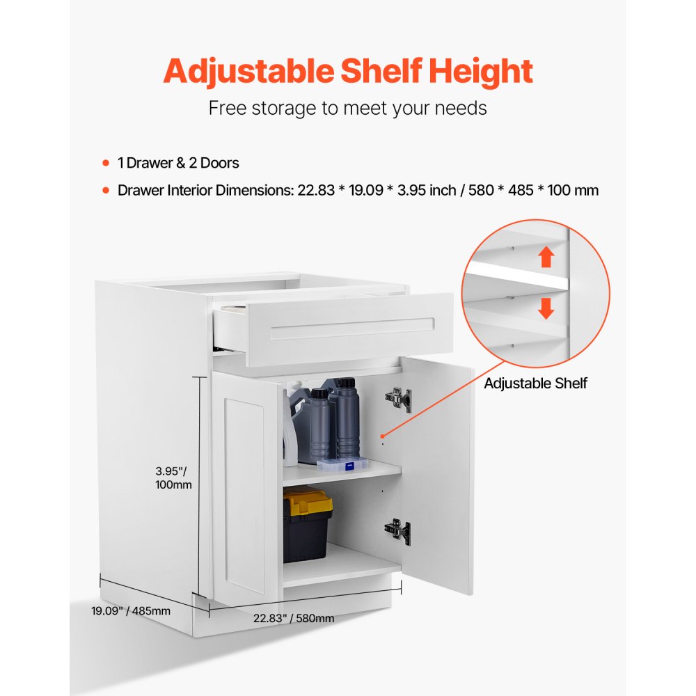 VEVOR White Shaker Base Cabinet with Drawer, 24-Inch Unassembled Drawer Base Cabinet, 24" W x 24" D x 34.5" H Ready to Assemble Cabinet with Soft-Close Doors and Adjustable Shelf, for Home Office