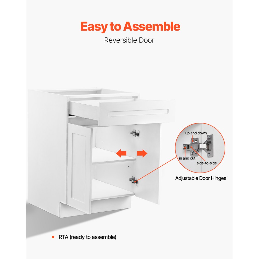 VEVOR White Shaker Base Cabinet with Drawer, 24-Inch Unassembled Drawer Base Cabinet, 24" W x 24" D x 34.5" H Ready to Assemble Cabinet with Soft-Close Doors and Adjustable Shelf, for Home Office