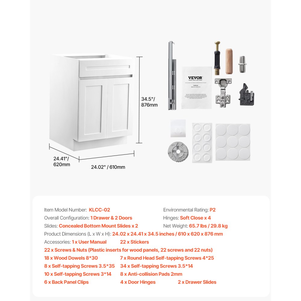 VEVOR White Shaker Base Cabinet with Drawer, 24-Inch Unassembled Drawer Base Cabinet, 24" W x 24" D x 34.5" H Ready to Assemble Cabinet with Soft-Close Doors and Adjustable Shelf, for Home Office