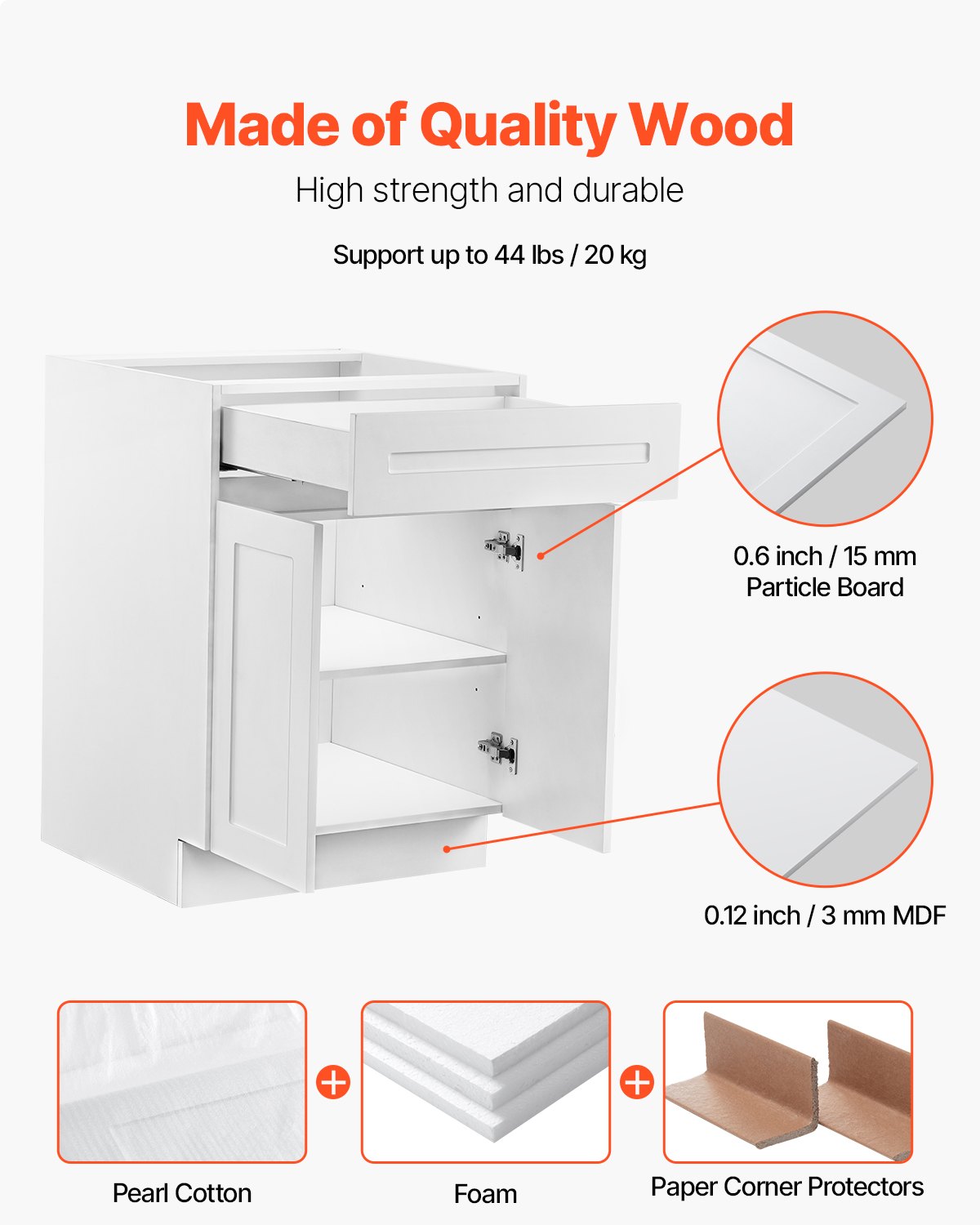 VEVOR White Shaker Base Cabinet with Drawer, 24-Inch Unassembled Drawer Base Cabinet, 24" W x 24" D x 34.5" H Ready to Assemble Cabinet with Soft-Close Doors and Adjustable Shelf, for Home Office