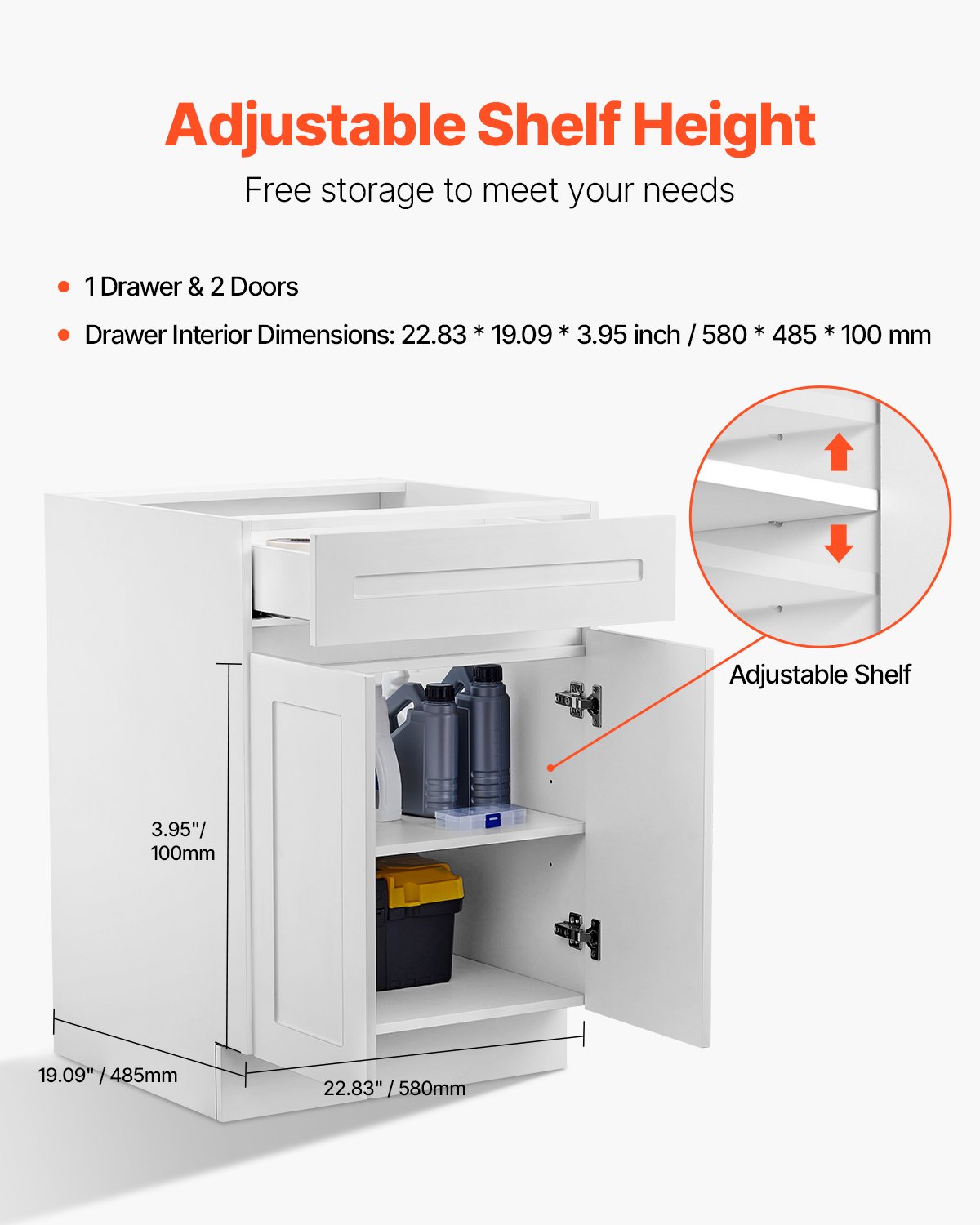 VEVOR White Shaker Base Cabinet with Drawer, 24-Inch Unassembled Drawer Base Cabinet, 24" W x 24" D x 34.5" H Ready to Assemble Cabinet with Soft-Close Doors and Adjustable Shelf, for Home Office