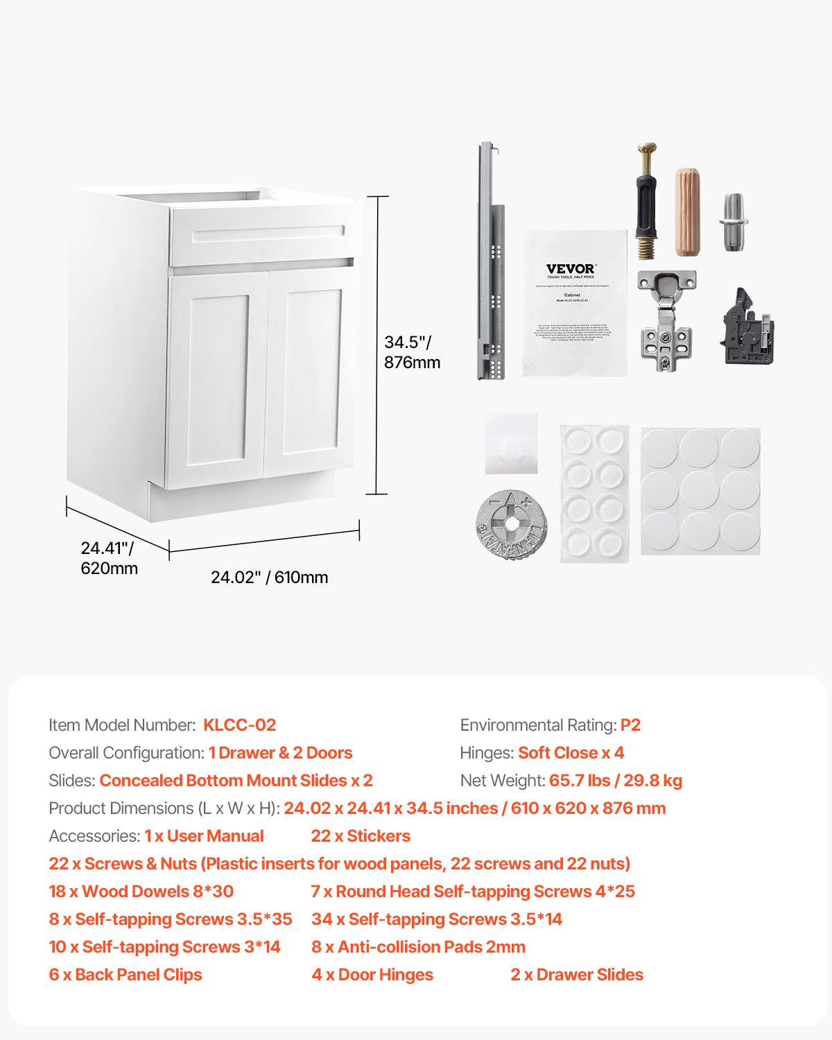VEVOR White Shaker Base Cabinet with Drawer, 24-Inch Unassembled Drawer Base Cabinet, 24" W x 24" D x 34.5" H Ready to Assemble Cabinet with Soft-Close Doors and Adjustable Shelf, for Home Office