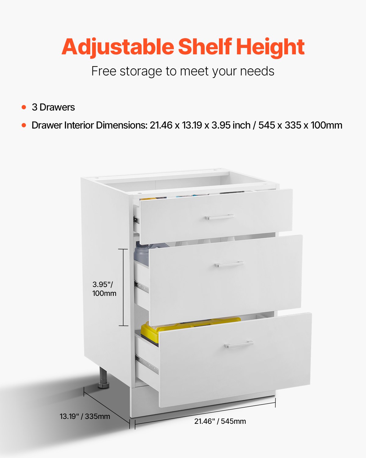 VEVOR White Shaker Base Cabinet with 3 Drawers, 24-Inch Unassembled Drawer Base Cabinet, 24" W x 19" D x 32" H Ready to Assemble Cabinet with Soft-Close Drawer Slides, for Home Office