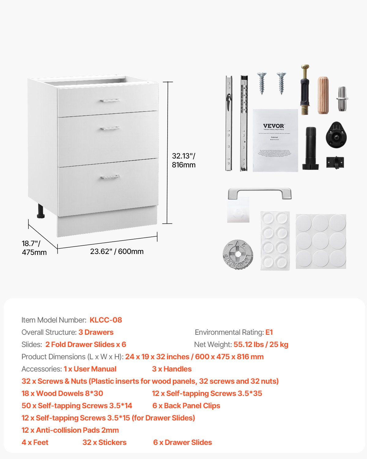 VEVOR White Shaker Base Cabinet with 3 Drawers, 24-Inch Unassembled Drawer Base Cabinet, 24" W x 19" D x 32" H Ready to Assemble Cabinet with Soft-Close Drawer Slides, for Home Office