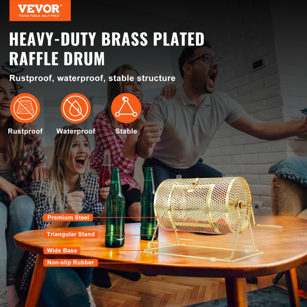 VEVOR raffle drum displayed on a table with people in a casual setting, highlighting stability and durability.