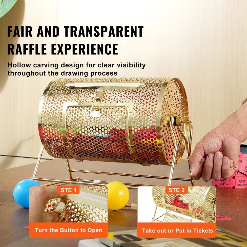 VEVOR raffle drum with hollow gold design, hand turning the crank, tickets inside, two-step guide.