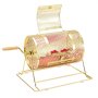 gold VEVOR raffle drum with wooden handle and red tickets inside, showcased on metal stand.