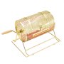 gold perforated VEVOR raffle drum with a wooden handle on a rectangular stand.