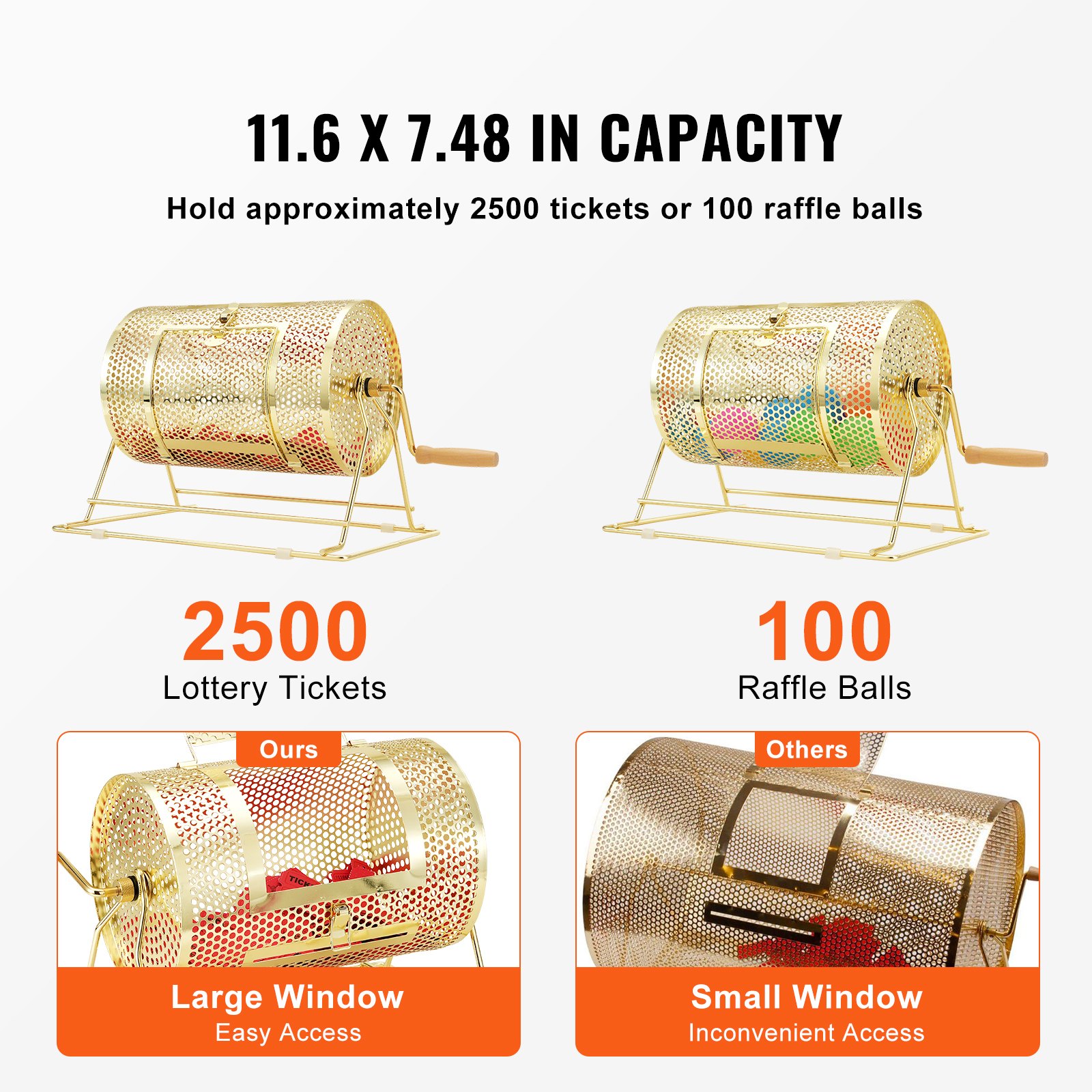 VEVOR raffle drum: holds 2500 lottery tickets or 100 raffle balls, featuring a large window for easy access.