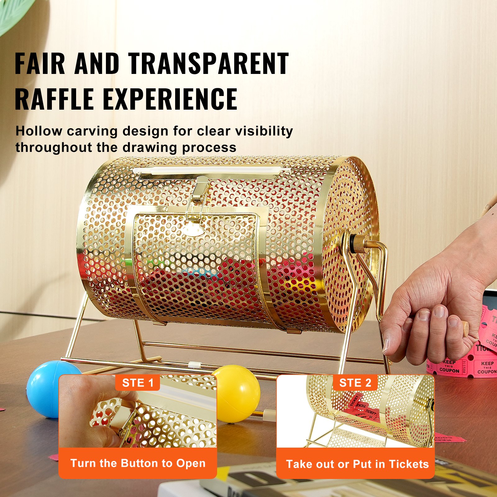 VEVOR raffle drum with hollow gold design, hand turning the crank, tickets inside, two-step guide.