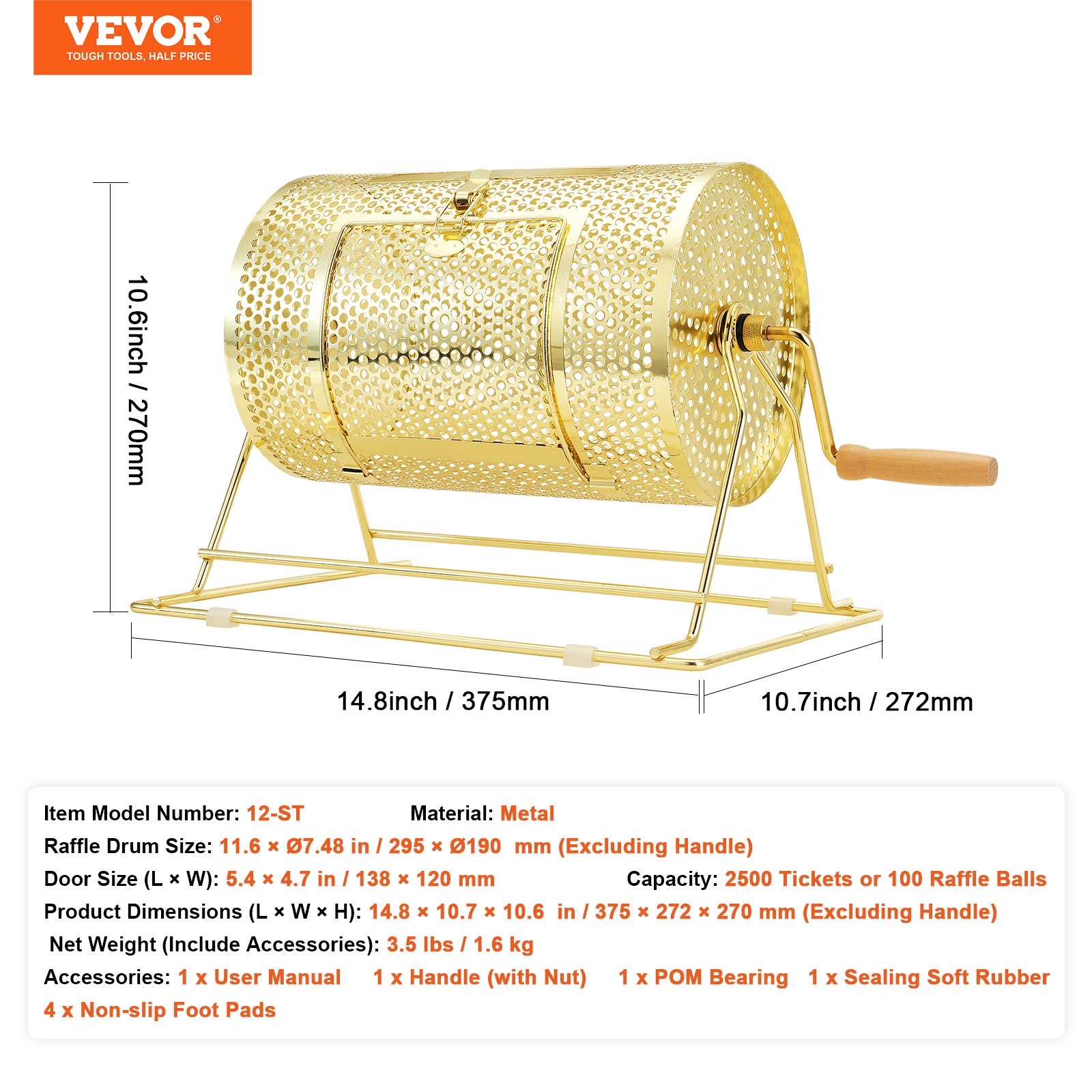 VEVOR raffle drum with metal body and wooden handle, 14.8x10.7 inches, for 2500 tickets or 100 raffle balls.