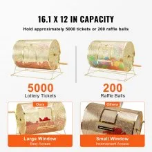 VEVOR Raffle Drum, Holds 5000 Tickets or 200 Ping Pong Balls, Metal Lottery Spinning Drawing with Wooden Turning Handle,16.1 x Ø12 inch Brass Plated Raffle Ticket Spinning Cage, for Bingo Ballot Part