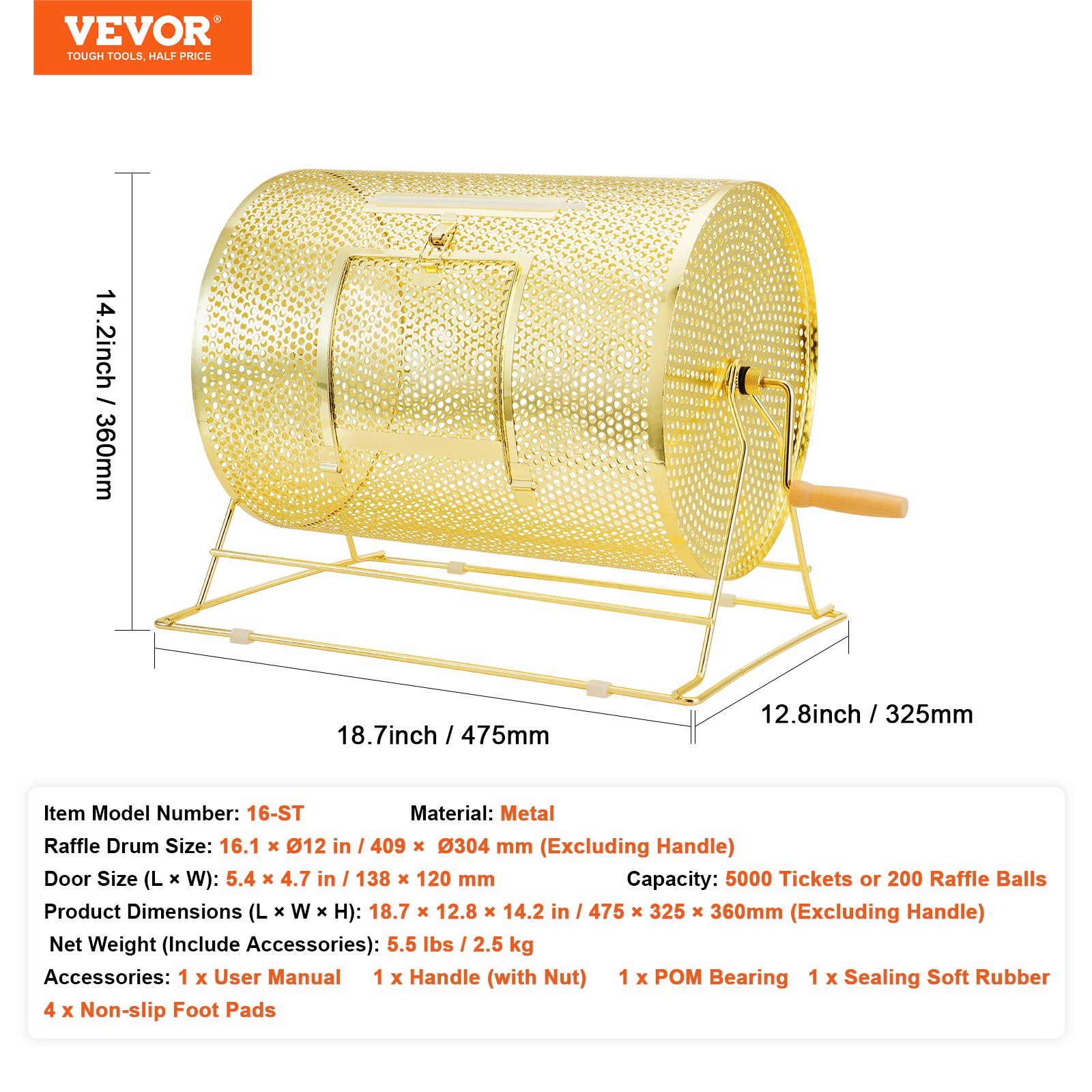 VEVOR Raffle Drum, 16.1 x Ø12 inch Brass Plated Raffle Ticket Spinning Cage, Holds 5000 Tickets or 200 Ping Pong Balls, Metal Lottery Spinning Drawing with Wooden Turning Handle, for Bingo Ballot Part