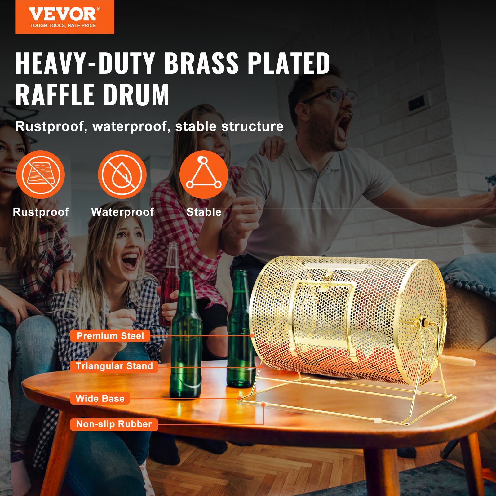 VEVOR Raffle Drum, 16.1 x Ø12 inch Brass Plated Raffle Ticket Spinning Cage, Holds 5000 Tickets or 200 Ping Pong Balls, Metal Lottery Spinning Drawing with Wooden Turning Handle, for Bingo Ballot Part