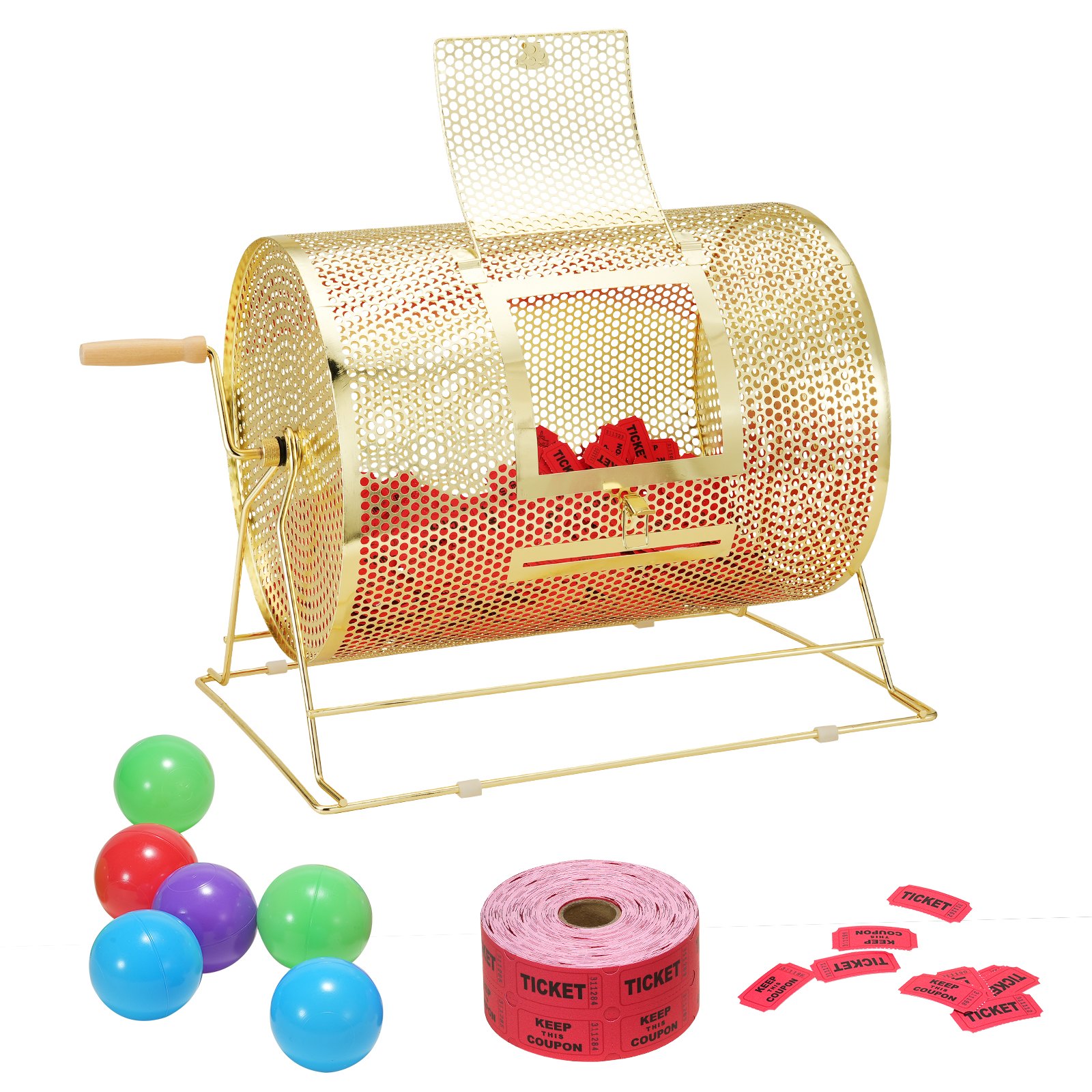 VEVOR Raffle Drum, 16.1 x Ø12 inch Brass Plated Raffle Ticket Spinning Cage, Holds 5000 Tickets or 200 Ping Pong Balls, Metal Lottery Spinning Drawing with Wooden Turning Handle, for Bingo Ballot Part