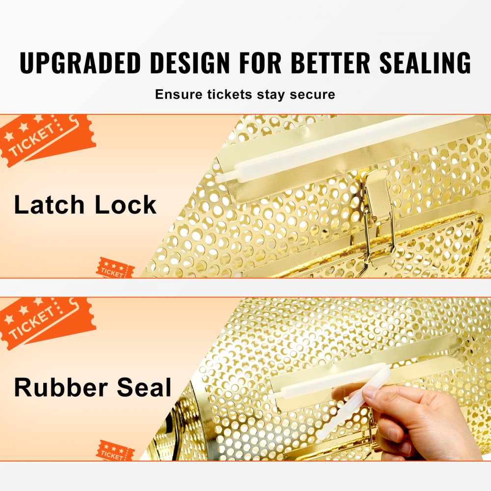 VEVOR Raffle Drum, 14.8 x Ø21.26 inch Brass Plated Raffle Ticket Spinning Cage, Holds 10000 Tickets or 300 Ping Pong Balls, Metal Lottery Spinning Drawing with Wooden Turning Handle, for Bingo Ballot