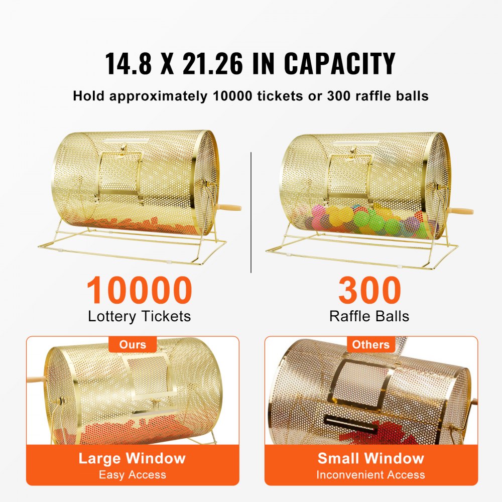 VEVOR Raffle Drum, 14.8 x Ø21.26 inch Brass Plated Raffle Ticket Spinning Cage, Holds 10000 Tickets or 300 Ping Pong Balls, Metal Lottery Spinning Drawing with Wooden Turning Handle, for Bingo Ballot