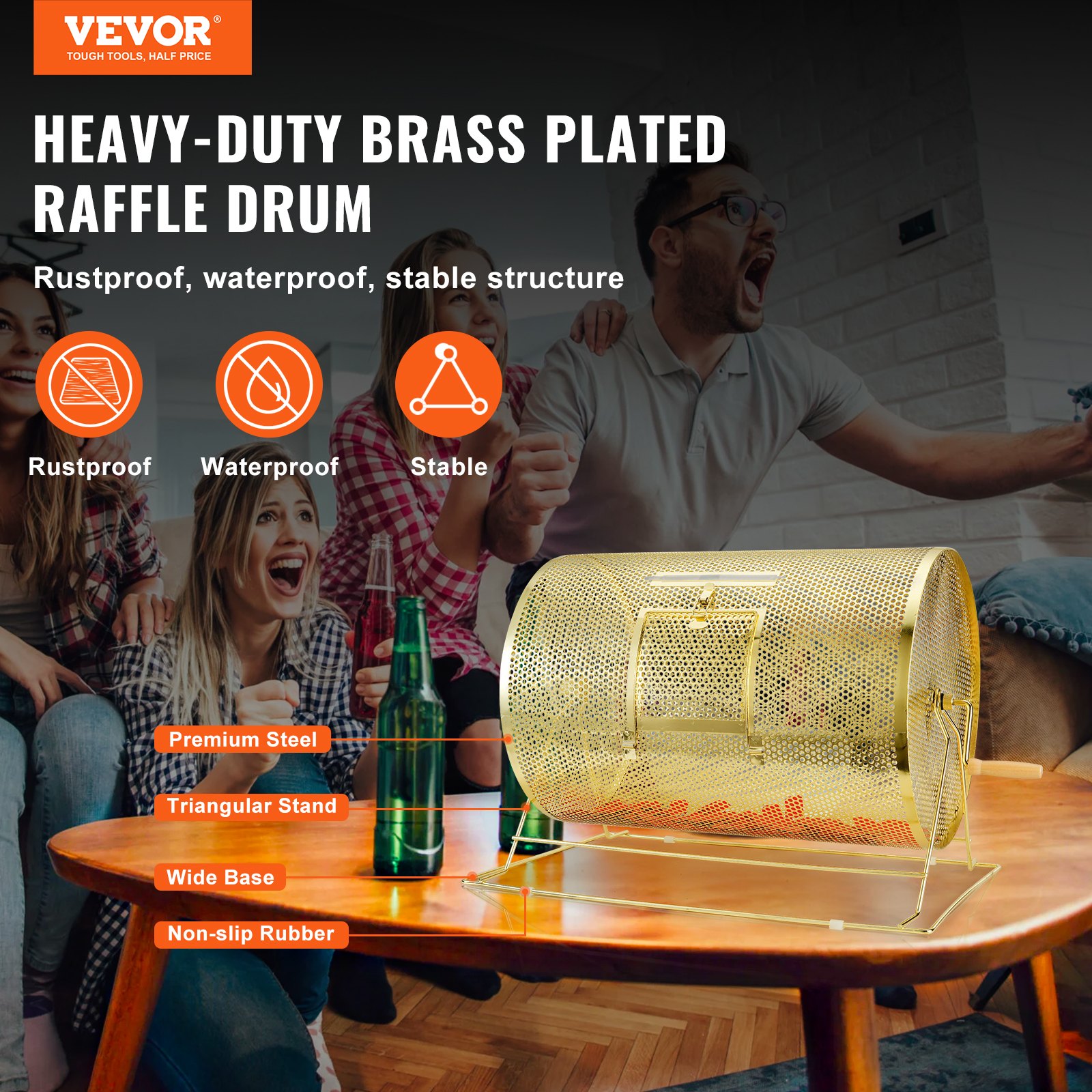 VEVOR Raffle Drum, 14.8 x Ø21.26 inch Brass Plated Raffle Ticket Spinning Cage, Holds 10000 Tickets or 300 Ping Pong Balls, Metal Lottery Spinning Drawing with Wooden Turning Handle, for Bingo Ballot